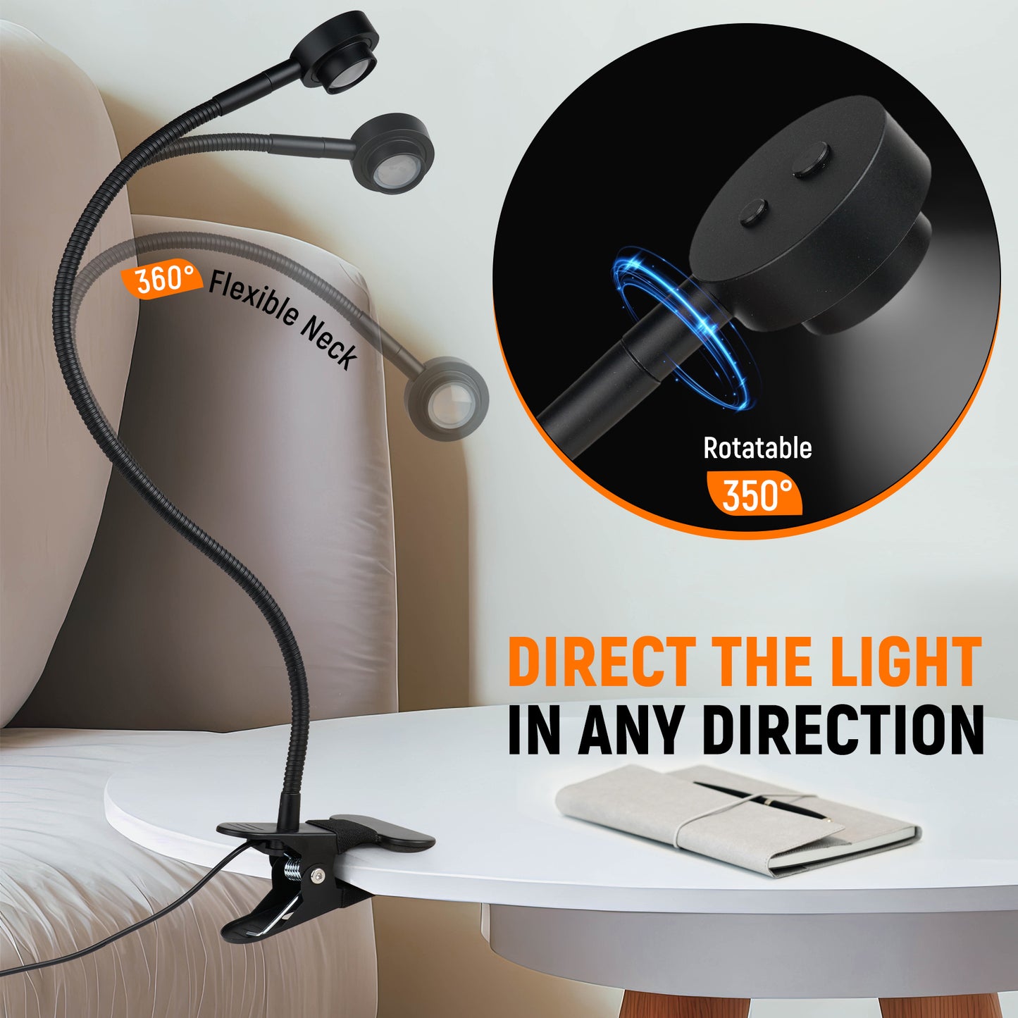 Clip On Reading Light, 3 Color Mode Dimmable LED Book Light, Flexible GooseneckEye-Care CRI95+,USB-C Adapter Included