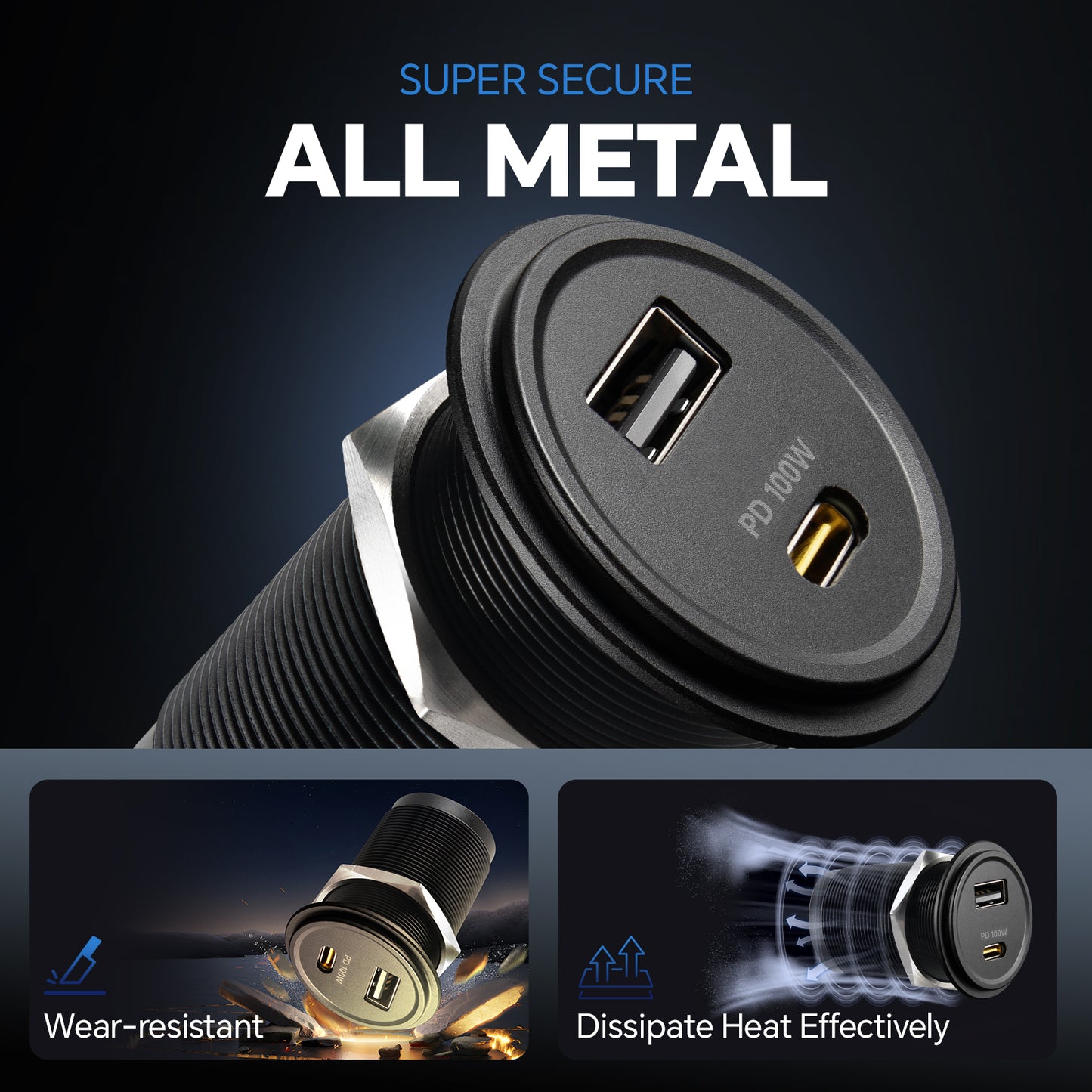 118W 12V USB Socket Aluminum Outlet, 100W PD3.0 USB-C & 18W QC3.0 USB-A