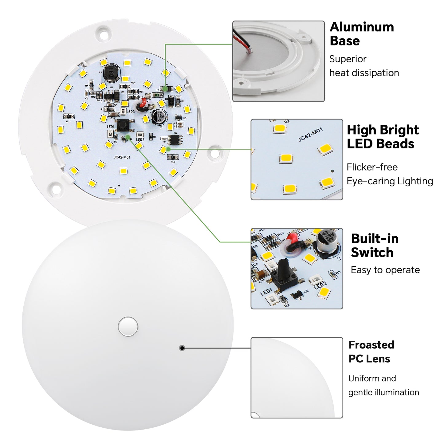 12V Dimmable LED Ceiling Puck Light, RV Boat Dome Light with Push On Off Dimming Switch, Surface Mount