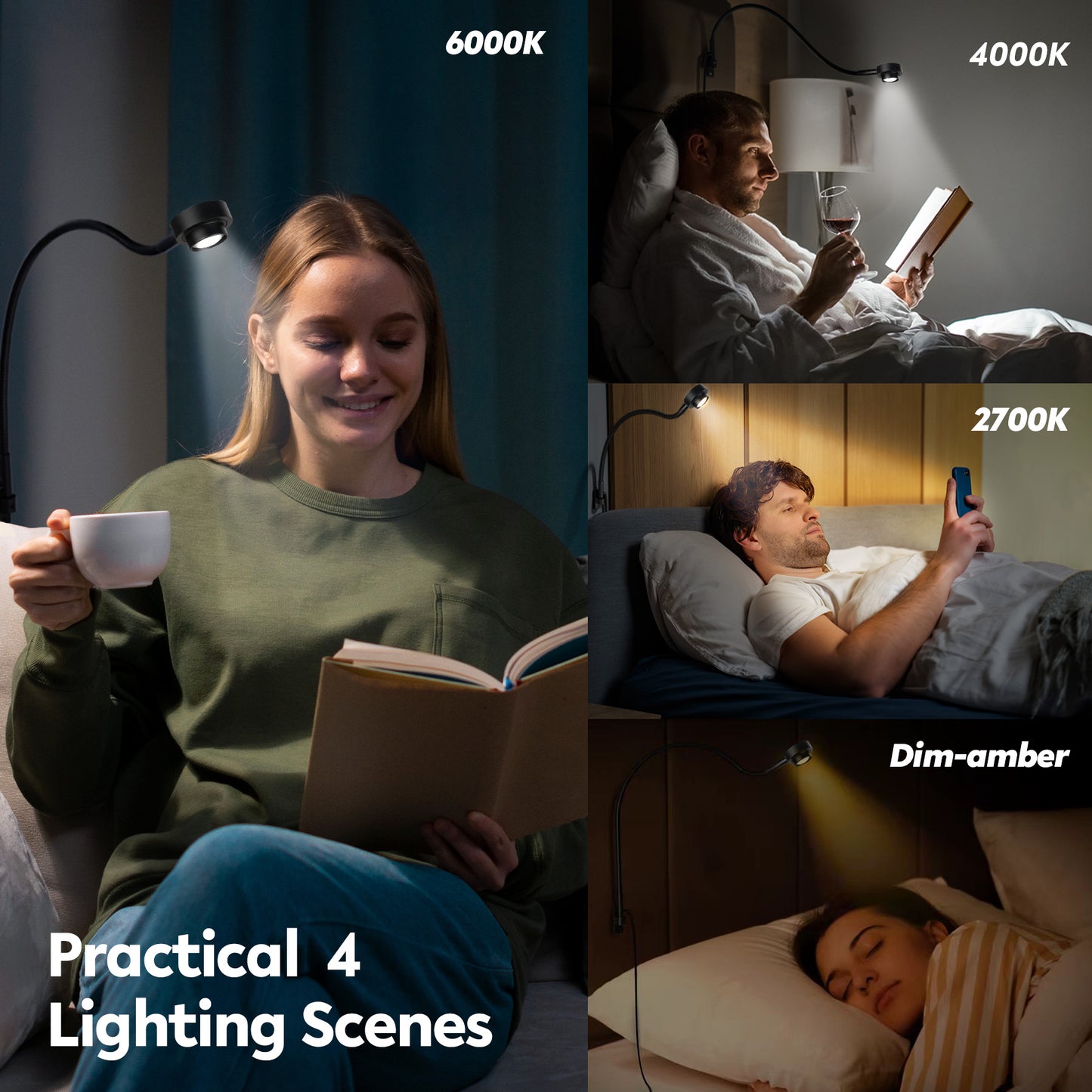 Bedside LED Reading Light, 2700K/4000K/6000K/Amber