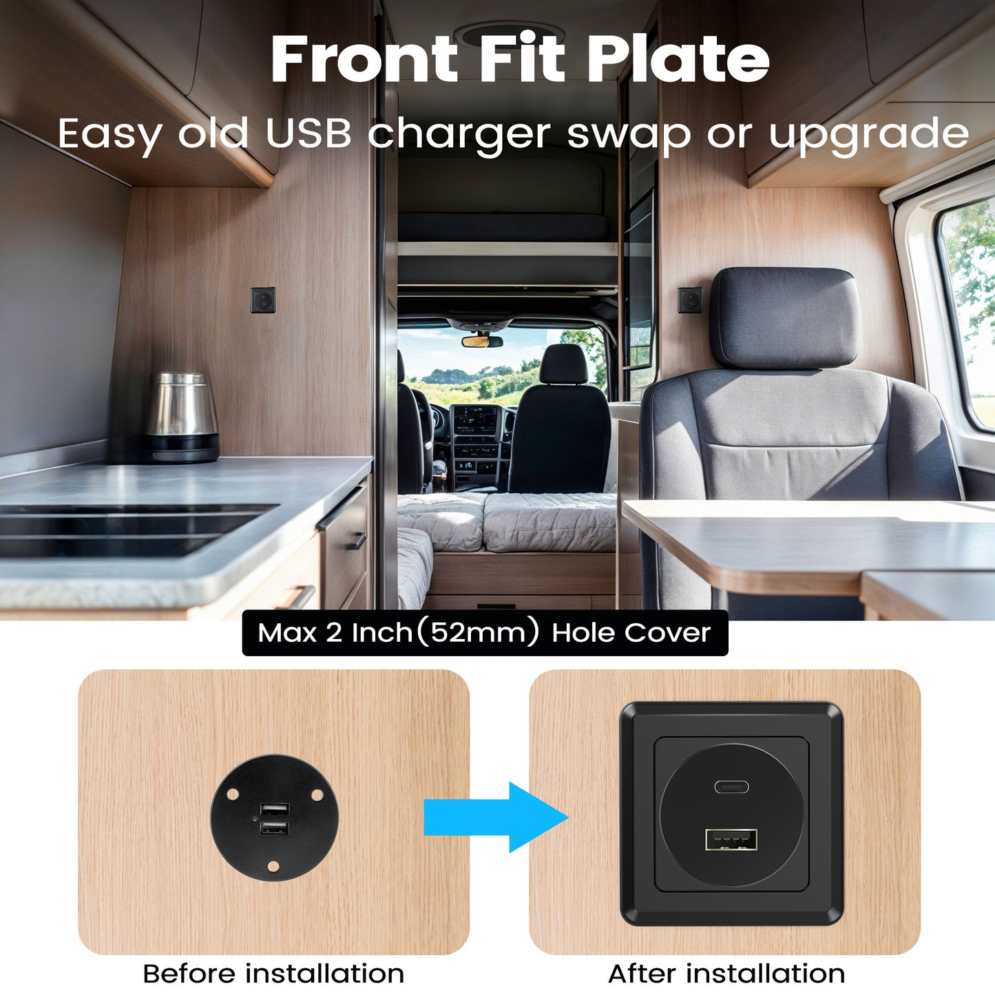 RV USB Outlet 12V Wall Mount,PD3.0 24W & QC3.0 18W 12V Aluminum with Black Faceplate