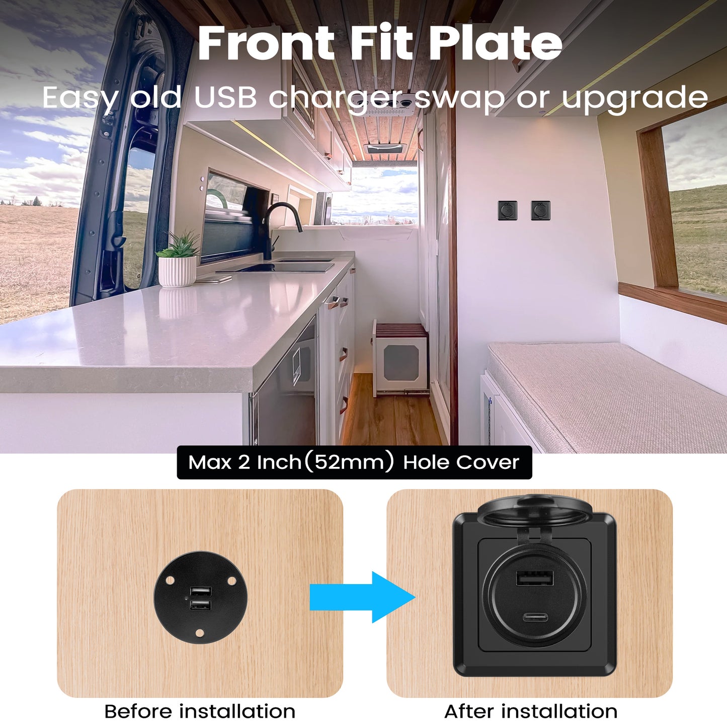 RV USB Outlet 12V Wall Mount,PD3.0 30W & QC3.0 18W 12V Aluminum with Black Faceplate