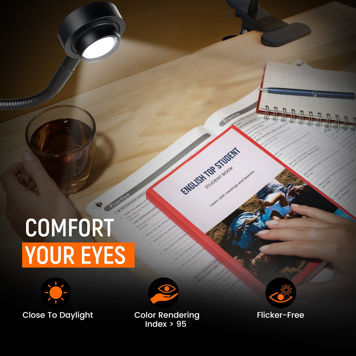 Clip On Reading Light, 3 Color Mode Dimmable LED Book Light, Flexible GooseneckEye-Care CRI95+,USB-C Adapter Included