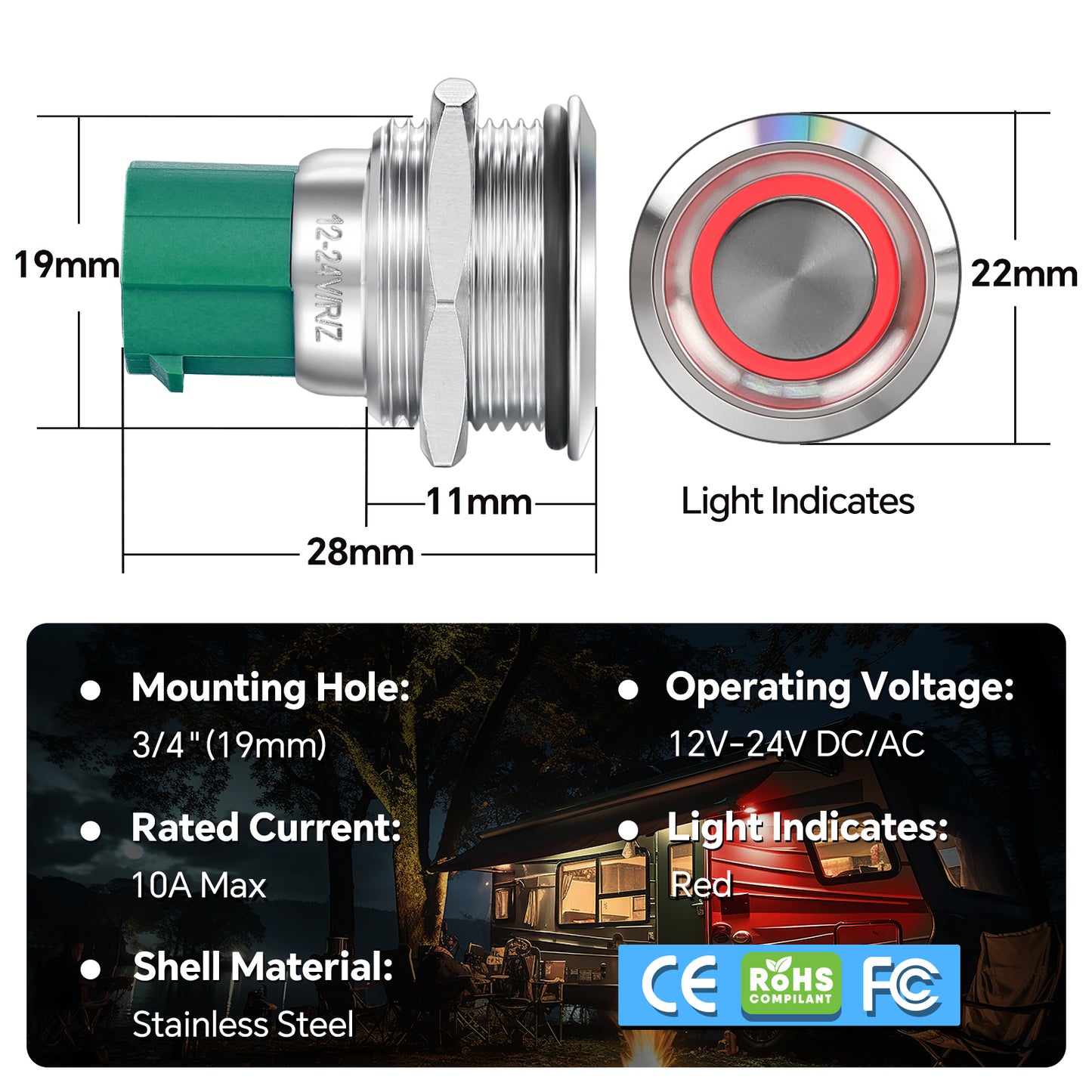 12V ON/OFF Switch 10A Push Button SPST Switch for RV Boat Truck Automotive Lighting, Pre-wired Pigtail 3/4”(19mm) Drill Hole Metal Shell 24V