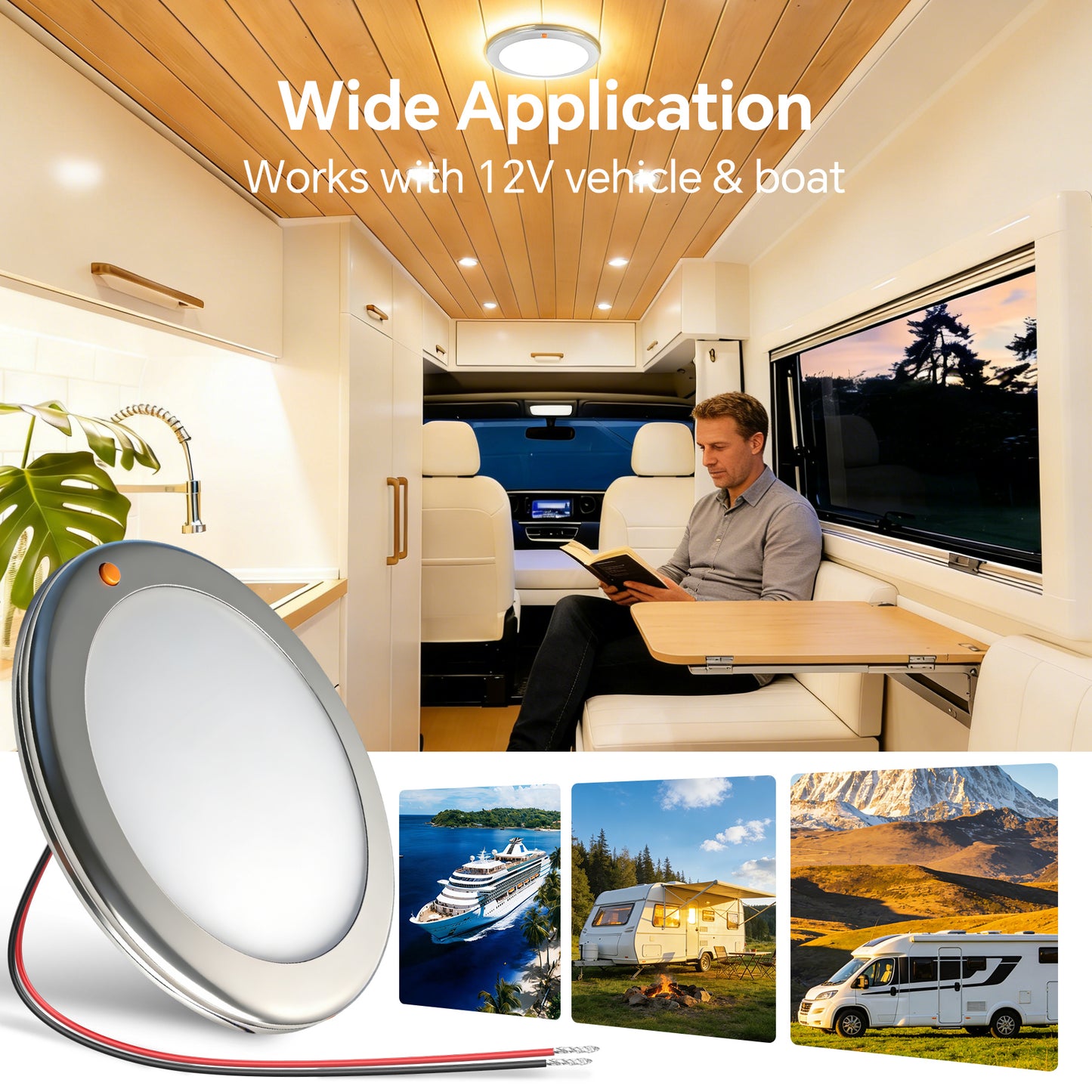 12V Stainless Ceiling Dome Light Campervan Boat 3 CCT 2700K/4000K/6000K Switchable & Dimmable, Surface Mount LED for Motorhome Camper Trailer Interior Lighting