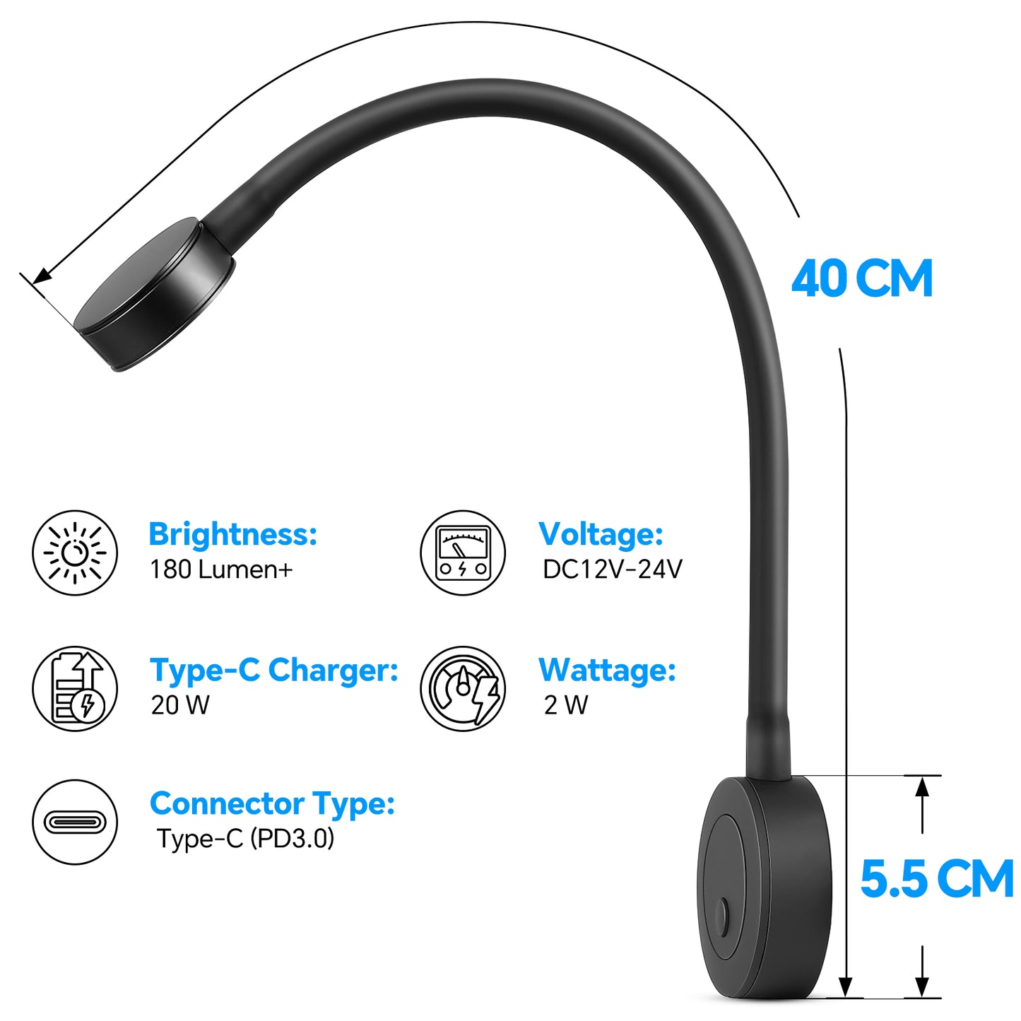 RV Boat 12V Flexible Gooseneck Reading Light,  for Camper Van Travel Trailer Truck, Built-in Press Dimmer Switch & Type-C Charger