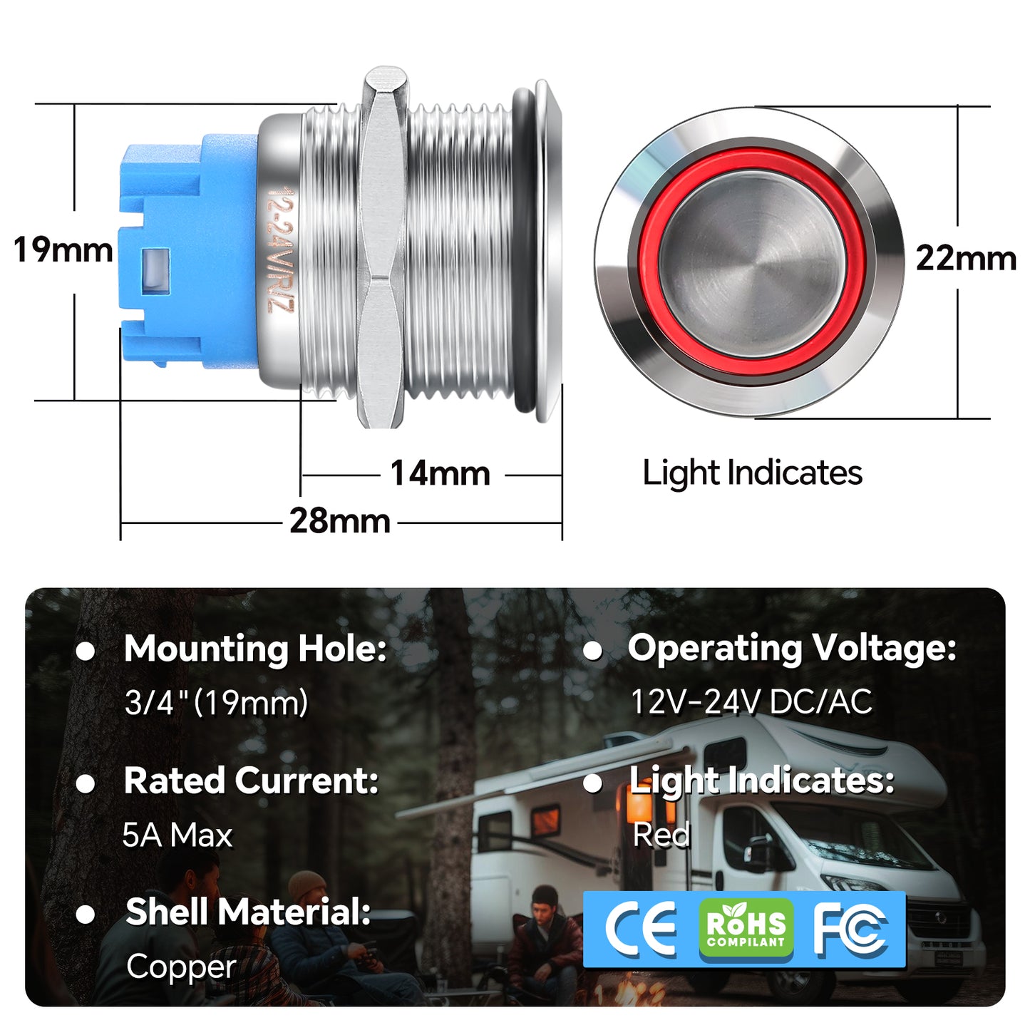 12V ON/OFF Switch 5A Push Button SPST Switch for RV Boat Truck Automotive Lighting, Pre-wired Pigtail 3/4”(19mm) Drill Hole Metal Shell 24V