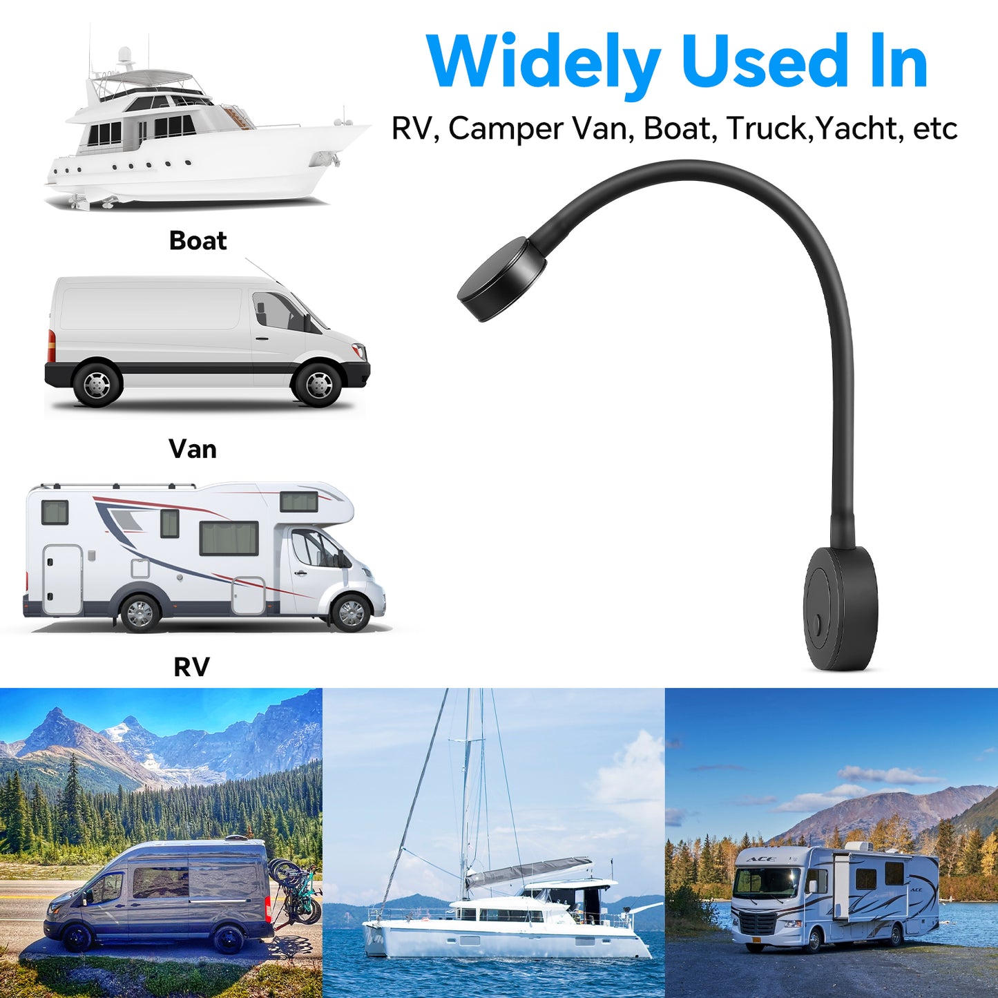 RV Boat 12V Flexible Gooseneck Reading Light,  for Camper Van Travel Trailer Truck, Built-in Press Dimmer Switch & Type-C Charger