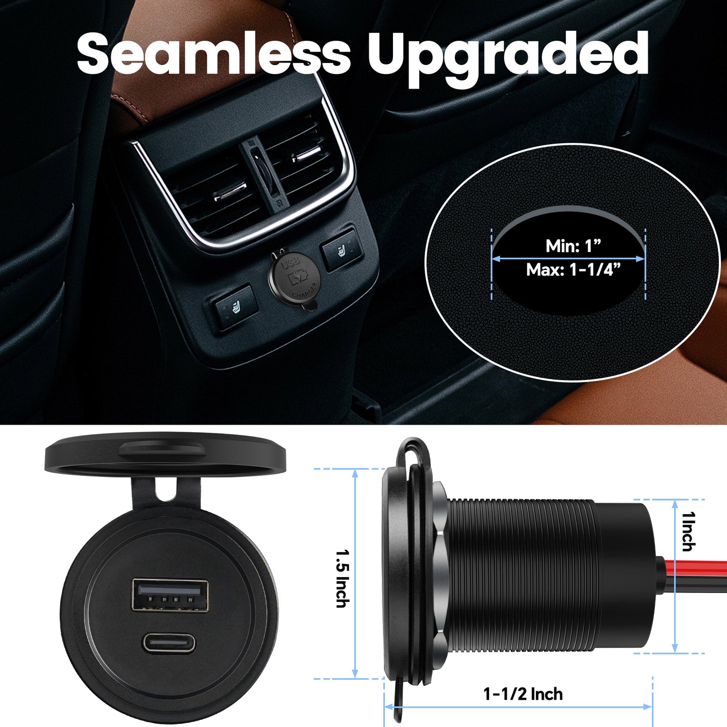 12V USB Outlet 30W PD USB-C & 18W QC3.0 Aluminum Car Charger, Hole 1"(25mm)