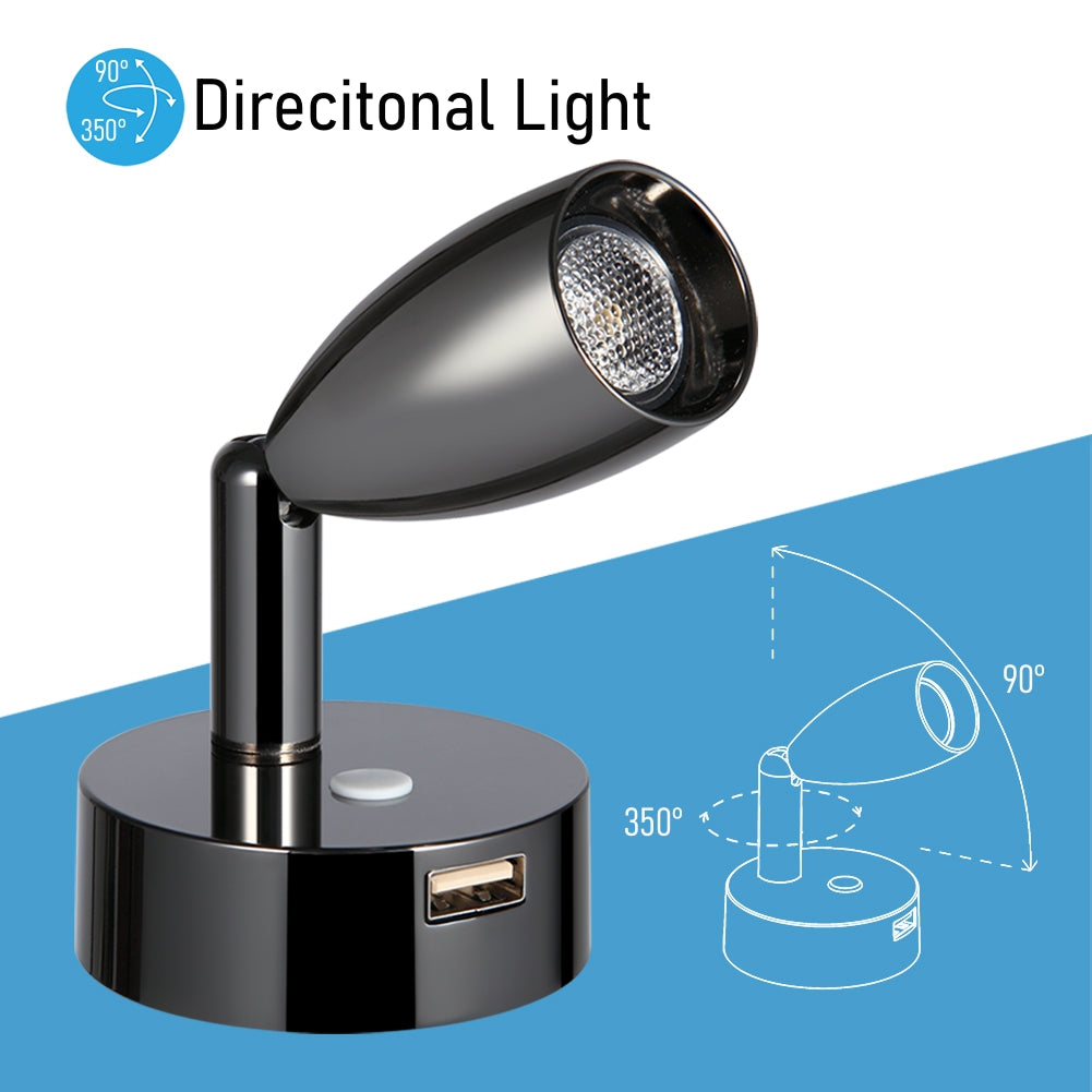 12V LED Spot Reading Light RV Dimmable with USB Charger Swivel Hard-wired(Gloss Black)