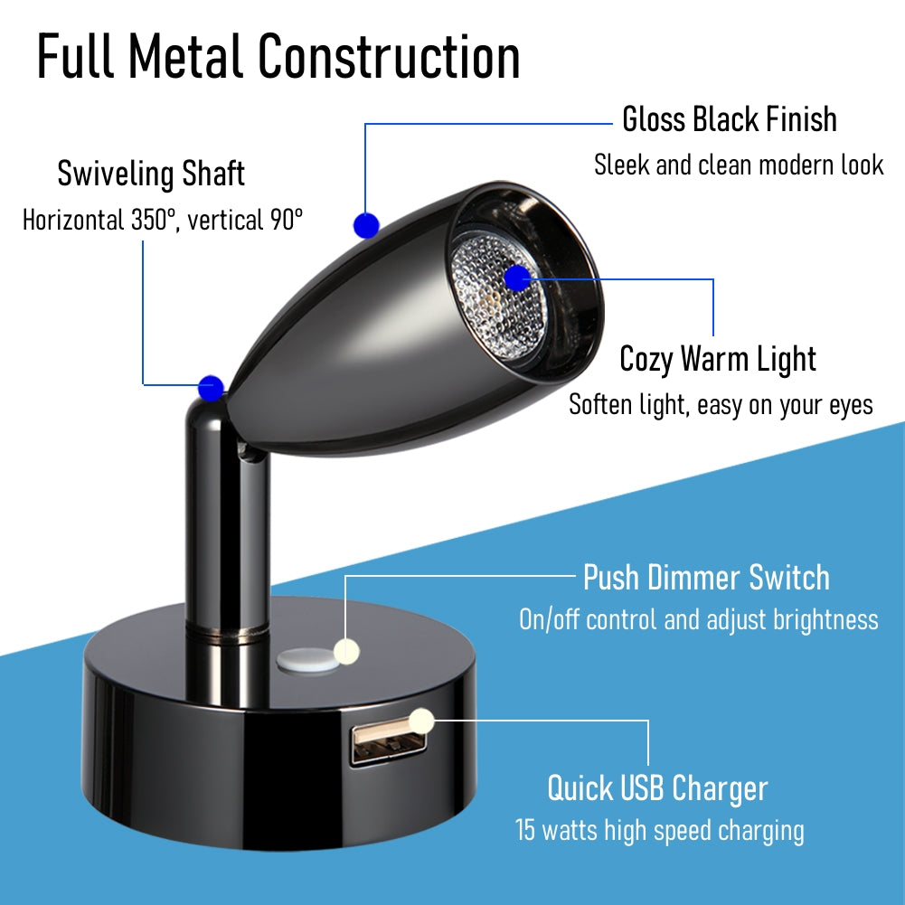 12V LED Spot Reading Light RV Dimmable with USB Charger Swivel Hard-wired(Gloss Black)