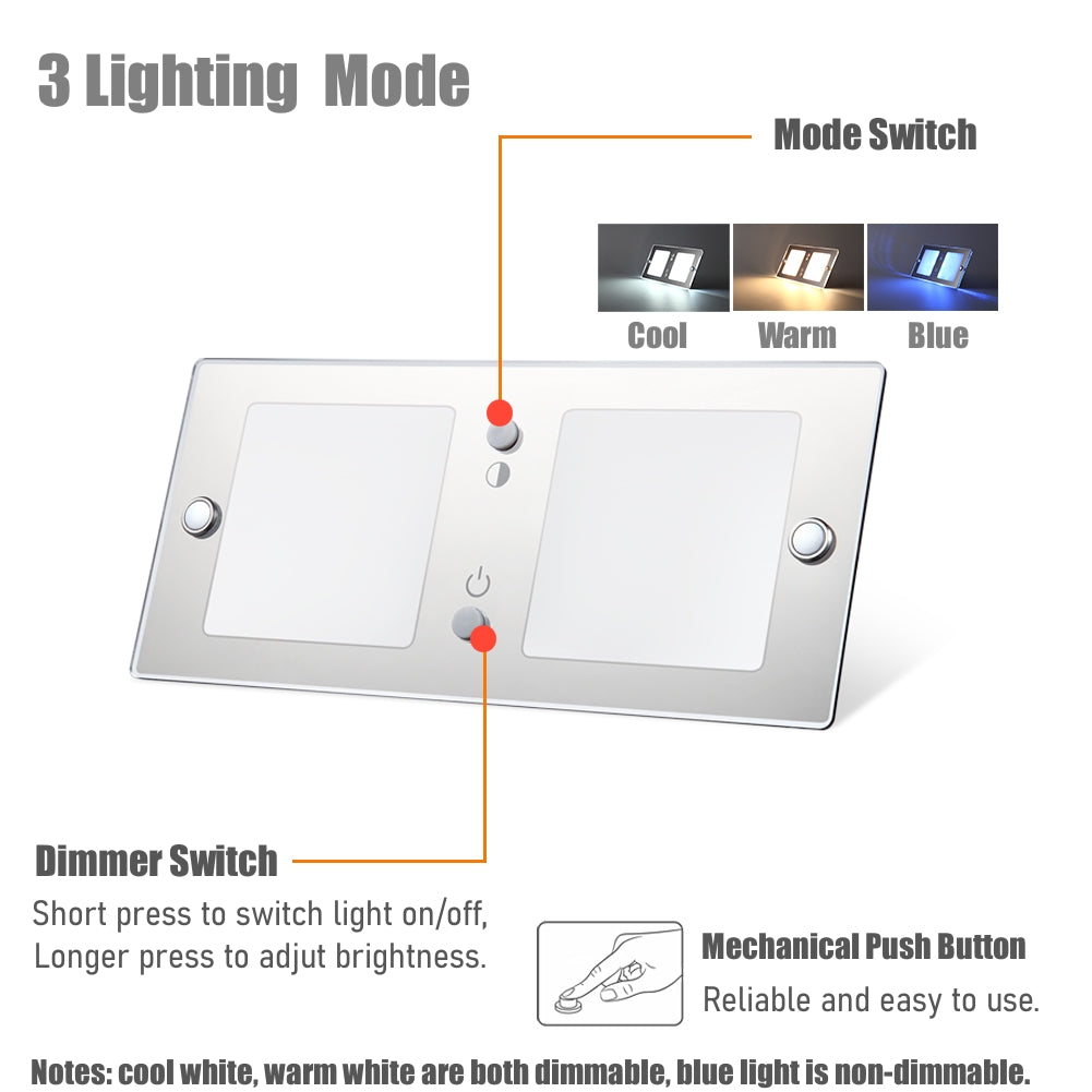 12V RV LED Ceiling Dome Light, 3000K/5500K&Blue Light, Dimmable Acrylic Lamp, 20x9cm CRI90 Surface Mount