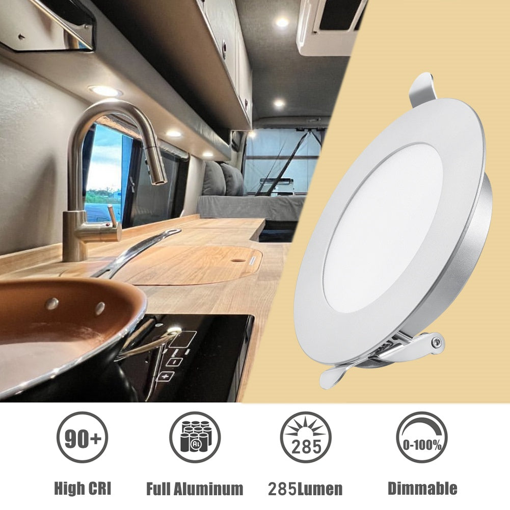 RV Recessed LED Ceiling Light 12V Overhead LED Puck Light 3-1/4 Inch Flush Mount Full Aluminum CRI 90+ Silver