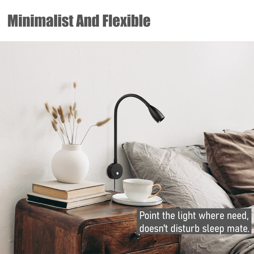 Bedside LED Reading Light Flexible Gooseneck Wall Lamp with USB Charger, Headboard Dimmable Book Light-in Power Adapter