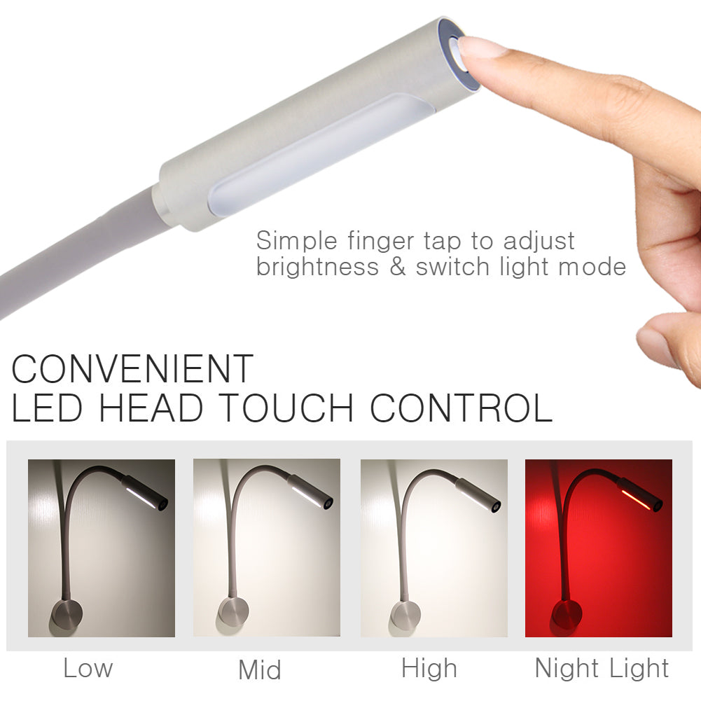 acegoo Bedside LED Reading Light Dimmable Flexible Gooseneck Wall Lamp, Over Desk Task Light for Home Studio