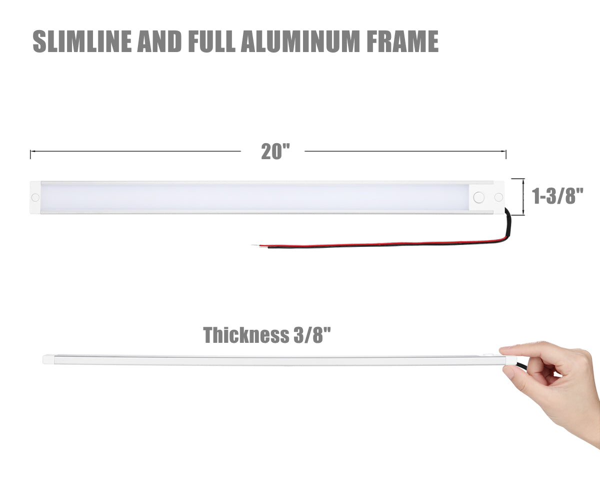 12V RV Boat Dimmable Under Cabinet LED Lighting Linear Light Bar with Integral Dimming Switch & Red Light, Screw Mount CRI90+ 20 Inches