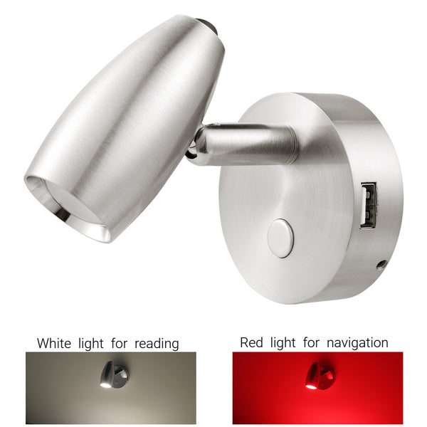 12V LED Reading Light, Dimmable RV Boat Bedside Seat Swivel Spotlight with White / Red Dual Lighting Mode & USB Charger, DC12-24V